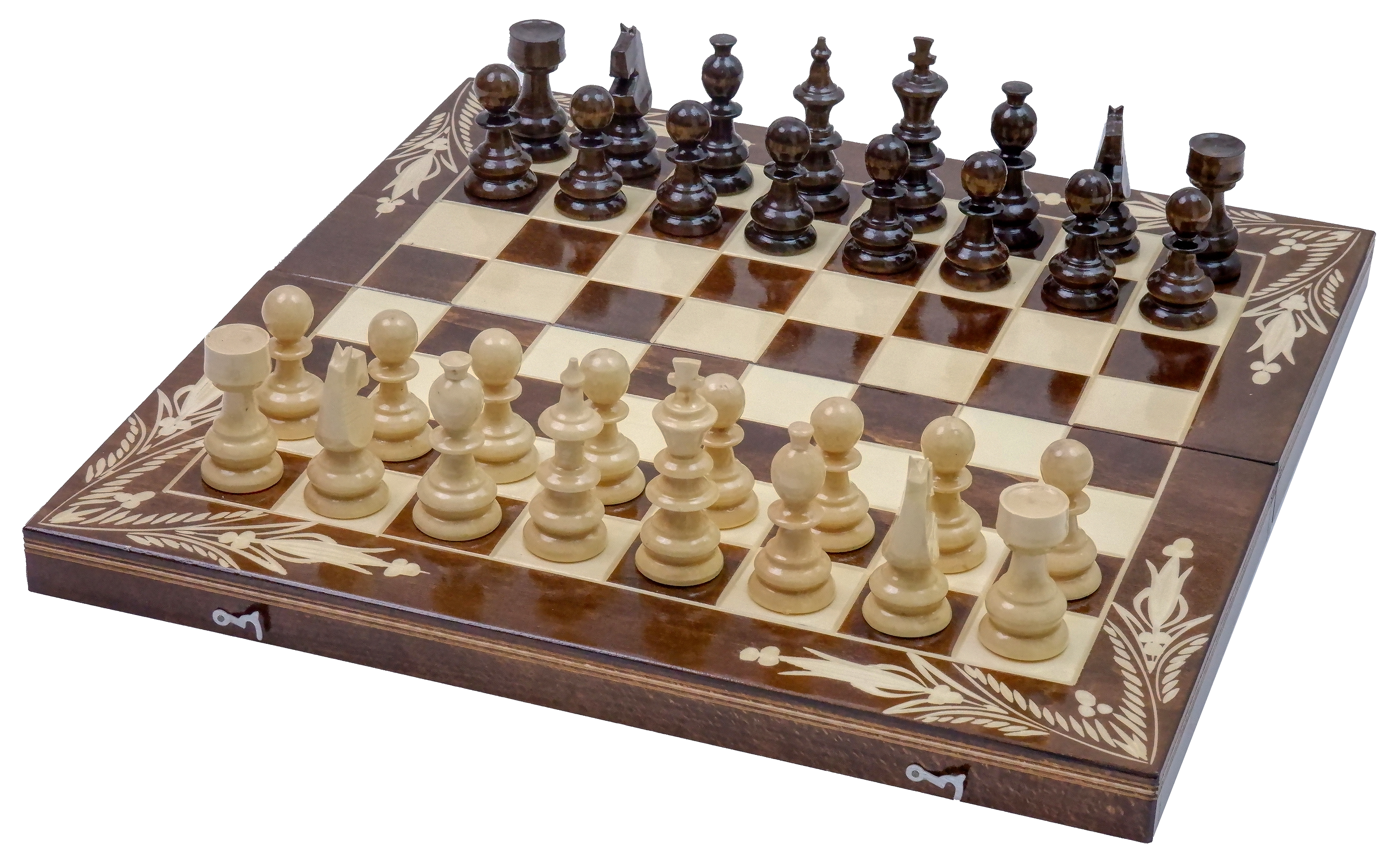 Joc de Șah și Table Marca din România ROmde™ din Lemn Natural de Fag Lucrat Autentic de Mână cu Unelte Tradiționale – Mai Multe Dimensiuni și Culori dintre Care Se Poate Alege - 44x44 cm, Maro cu Alb