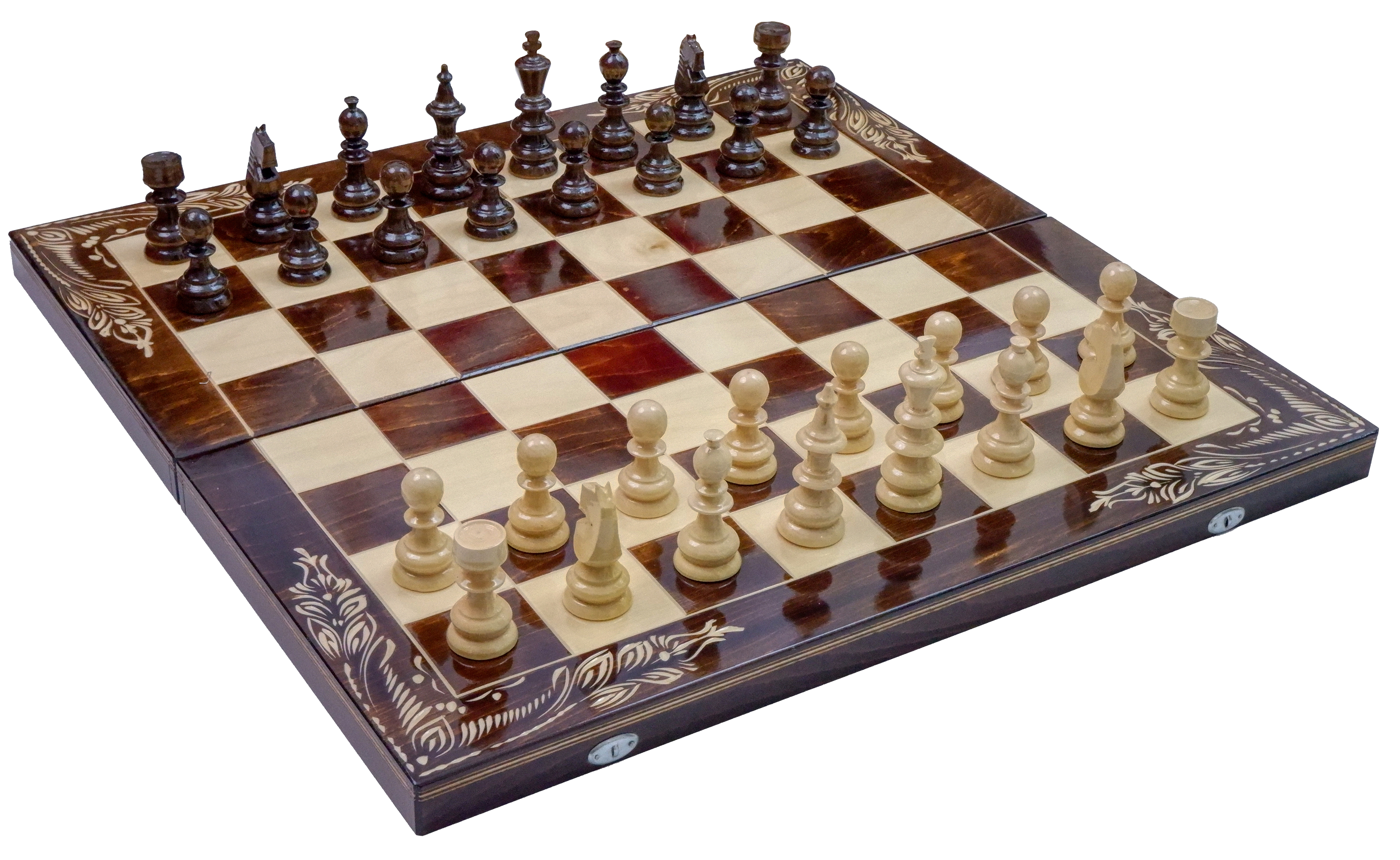 Joc de Șah și Table Marca din România ROmde™ din Lemn Natural de Fag Lucrat Autentic de Mână cu Unelte Tradiționale – Mai Multe Dimensiuni și Culori dintre Care Se Poate Alege - 65x65 cm, Maro cu Alb
